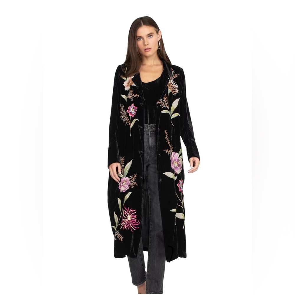 Johnny Was Black Velvet Duster Jacket with Floral Embroidery, size XS